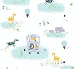 A.S. Creation ANIMALS ON SAFARI WALLPAPER - Bont Vert Grijs Jaune Wit - Papier Peint Chambre D'enfant - AS Creation Little Love