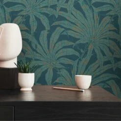 A.S. Creation Papier Peint Végétal Bleu Clair Brillant Or - Papier Peint à Motifs Avec Design De Jungle