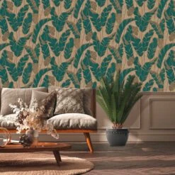 A.S. Creation Papier Peint à Feuilles Beige Clair Brillant Bleu - Papier Peint Fleurs Plantes -A.S. Creation Soldes as creation tapete jade 395022 ambiente 1